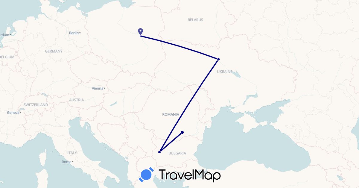 TravelMap itinerary: driving in Bulgaria, Poland, Romania, Ukraine (Europe)